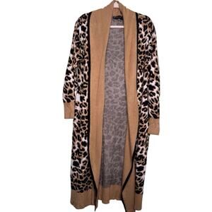 New York & Company Leopard Animal Print Longline Open Cardigan Sweater Size M